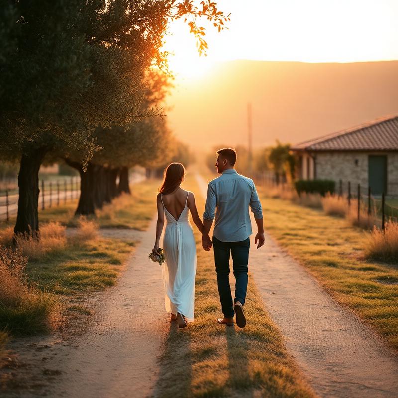 O casal caminhando de mãos dadas em uma estrada de terra